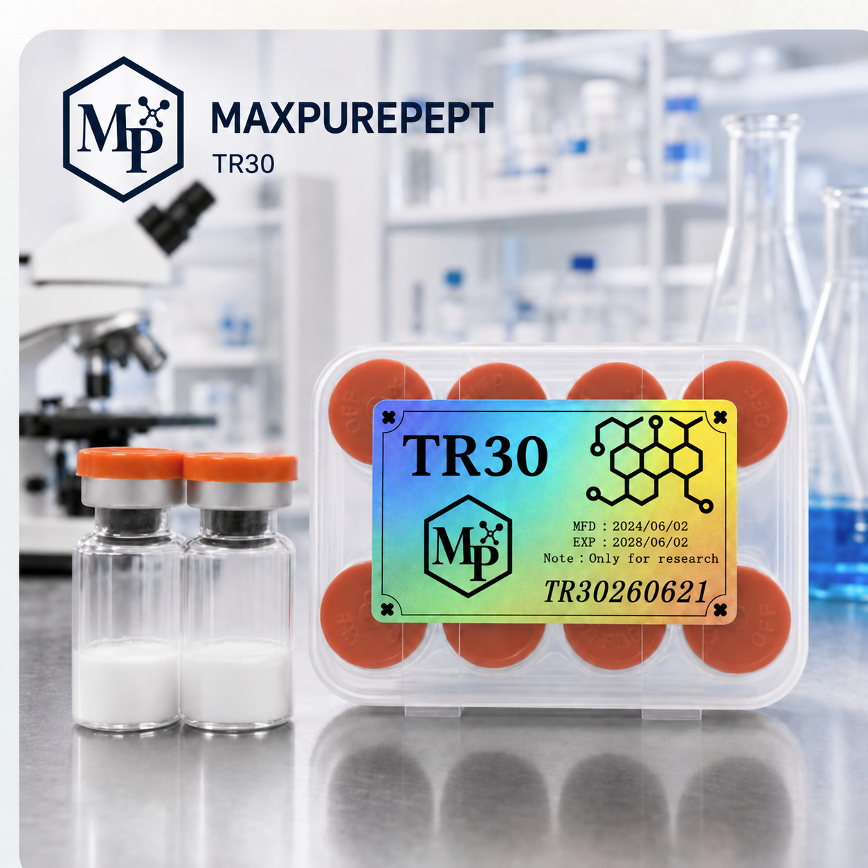 MAXPUREPEPT research packaging shown in a laboratory setting