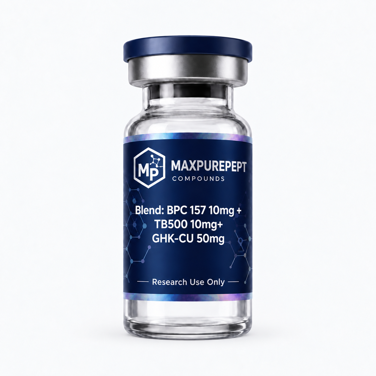 MAXPUREPEPT Blend: BPC 157 10mg + TB500 10mg+ GHK-CU 50mg name-only vial illustration